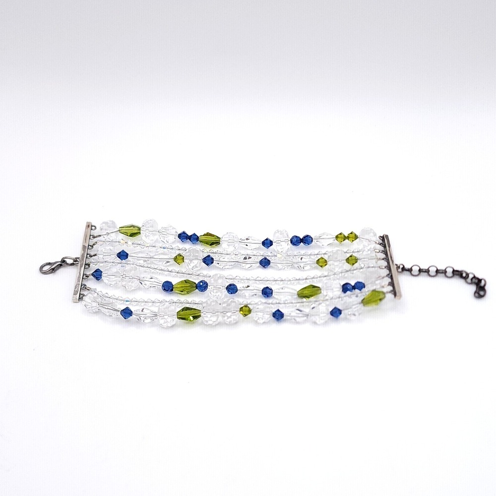 Blue Green Bead Bracelet Multi Strand Silver Adjustable 7-8in - Picture 2 of 5